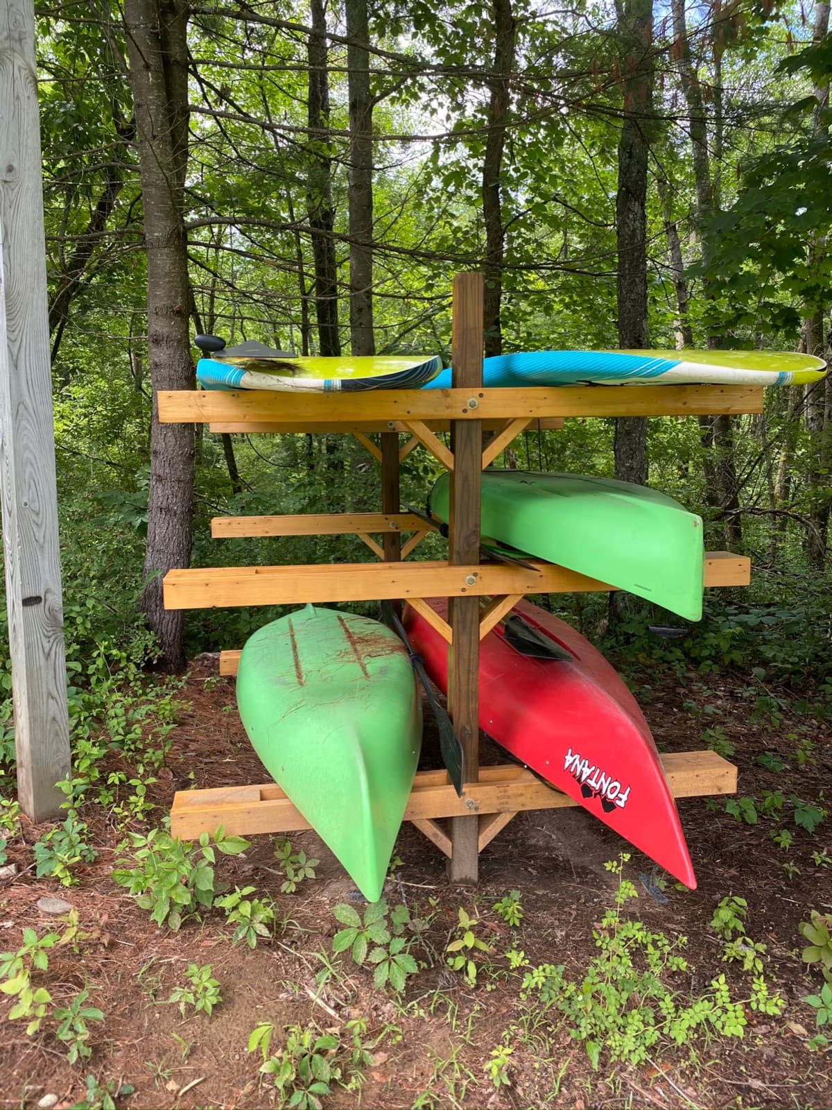 Kayaks and paddleboards set out and ready to go